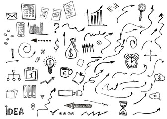 Hand drawn business symbols. Management concept with Doodle design style. 