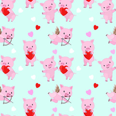 Fototapeta premium Cute pink pig with red heart shape seamless pattern.