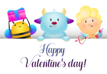 Valentines day banner design. Cute bee with gift, monster and baby Cupid isolated on white. Illustration can be used for posters, invitations, greeting cards