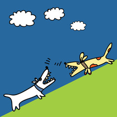 Vector flat hand drawn cartoon of two dogs