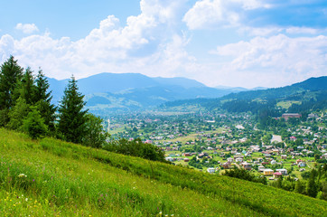 Naklejka na ściany i meble village in the Carpathian Mountains, aerial view