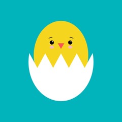 Funny yellow newborn chicken in broken egg shell kawaii