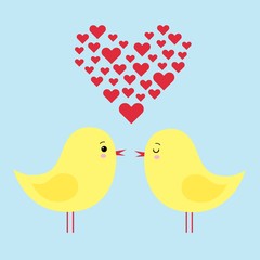 simple card illustration of two funny cartoon chickens in love