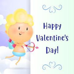 Happy Valentines Day lettering and cupid with bow. Saint Valentines Day greeting card. Typed text, calligraphy. For leaflets, brochures, invitations, posters or banners.
