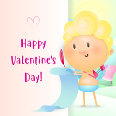 Happy Valentines Day lettering and cupid writing on scroll. Saint Valentines Day greeting card. Typed text, calligraphy. For leaflets, brochures, invitations, posters or banners.