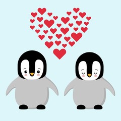 Happy Valentines day couple in love penguins. Penguin holding a heart. Plush toys penguin with heart. Kawaii