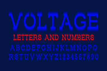 Voltage letters and numbers. Blue electric vibrant font. Isolated english alphabet.