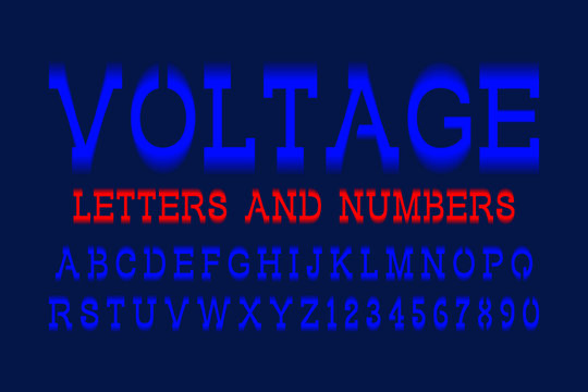 Voltage letters and numbers. Blue electric vibrant font. Isolated english alphabet.