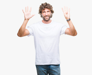 Handsome hispanic model man over isolated background showing and pointing up with fingers number nine while smiling confident and happy.