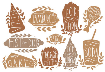 Fastfood set vector illustration. Shape text pizza,hamburger,hotdog,popcorn,sausage,frie,icecream,soda. Stamp icon hand draw.