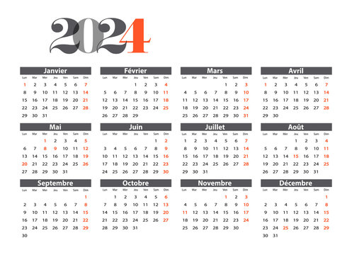 Calendrier 2024, Calendrier 2024 - La : image vectorielle de stock (libre  de droits) 2310280237