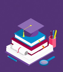 Creative isometric education success, education level and staff and skill development concept. School study people, success student learn books illustration
