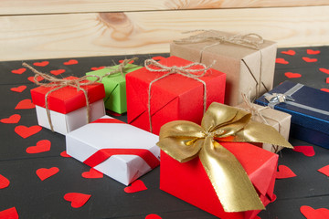 Gift boxes on wooden table