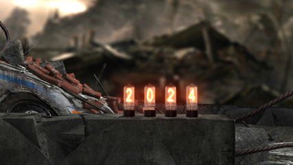 Obraz premium inscription 2024 burns on old television lamps against the backdrop of the devastation of the apocalypse, 3d illustration