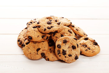 close-up image of chocolate chips cookies. Chocolate chip cookies  on white wooden background.