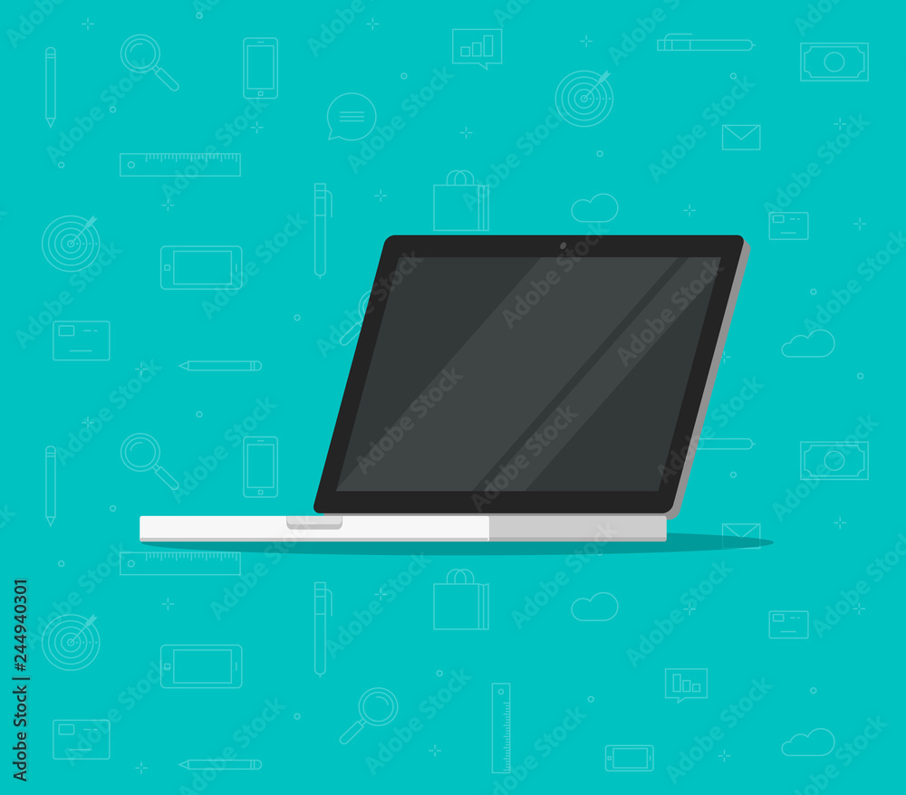 Poster laptop computer with empty screen vector illustration, flat cartoon pc with blank display isolated