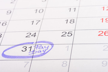 selective focus of calendar with marked number 31 and 'pay day' lettering