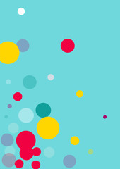 Flying multicolored confetti on a blue background. Red, pink, blue, yellow circles.