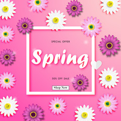 Spring Sale Off Background with Colorful Daisy Flower Blossom Design Vector