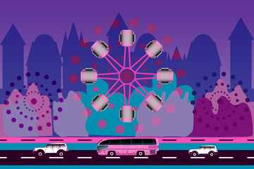 Two cars, bus and ferris wheel on city background