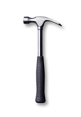 Silver metal hammer tool with black rubber handle isolated on white