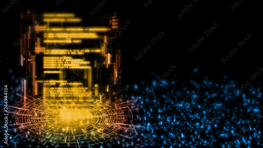 Poster 3d rendering of abstract technology background. sci fi software coding within geometry tube on blur 