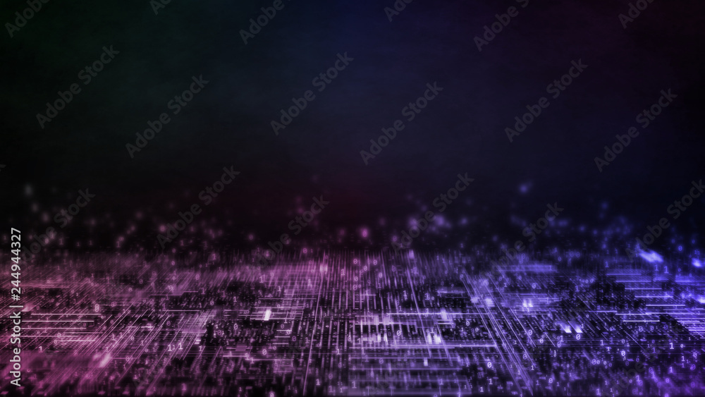 Poster 3d rendering of abstract technology background. computer circuit dots and blur binary data. for deep