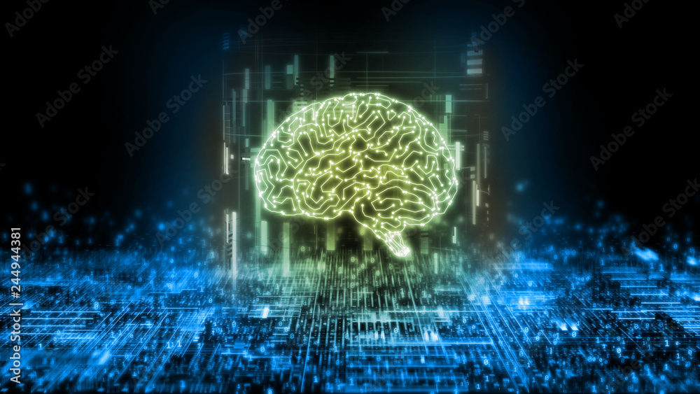 Poster 3d rendering of circuit brain on abstract technology background. artificial intelligence concept. fo