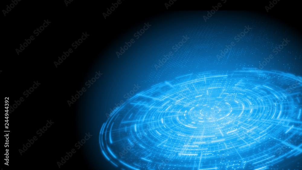 Poster 3d rendering of abstract technology circle hud interface on blue dots background. for technology, bi