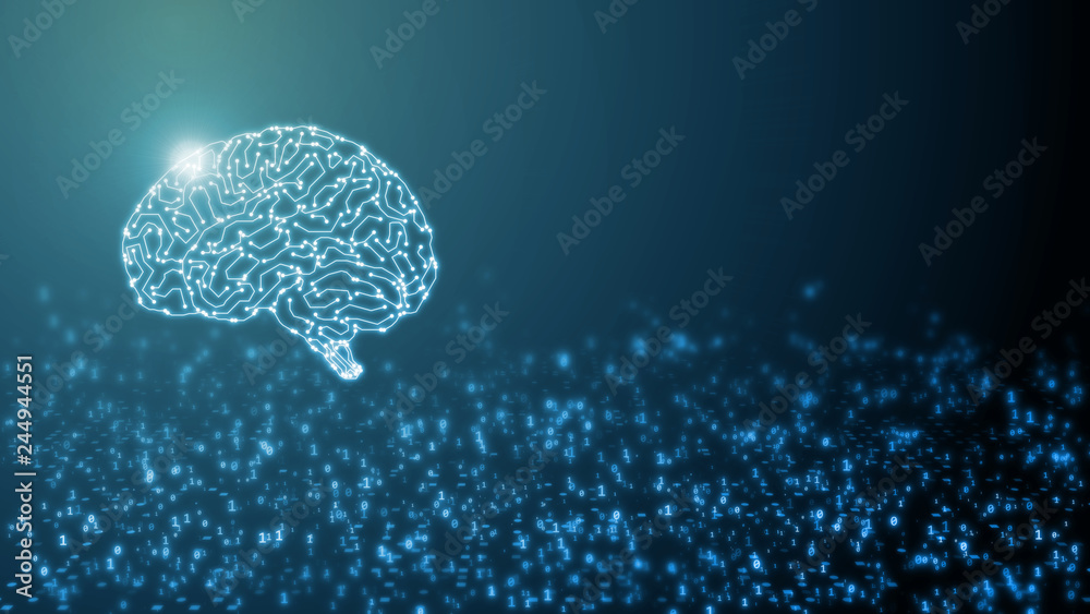 Poster 3D Rendering of Artificial cybernetic circuit brain inside  (side view) on abstract binary background. Concept of using high technology to create artificial intelligence (AI). Copy space available