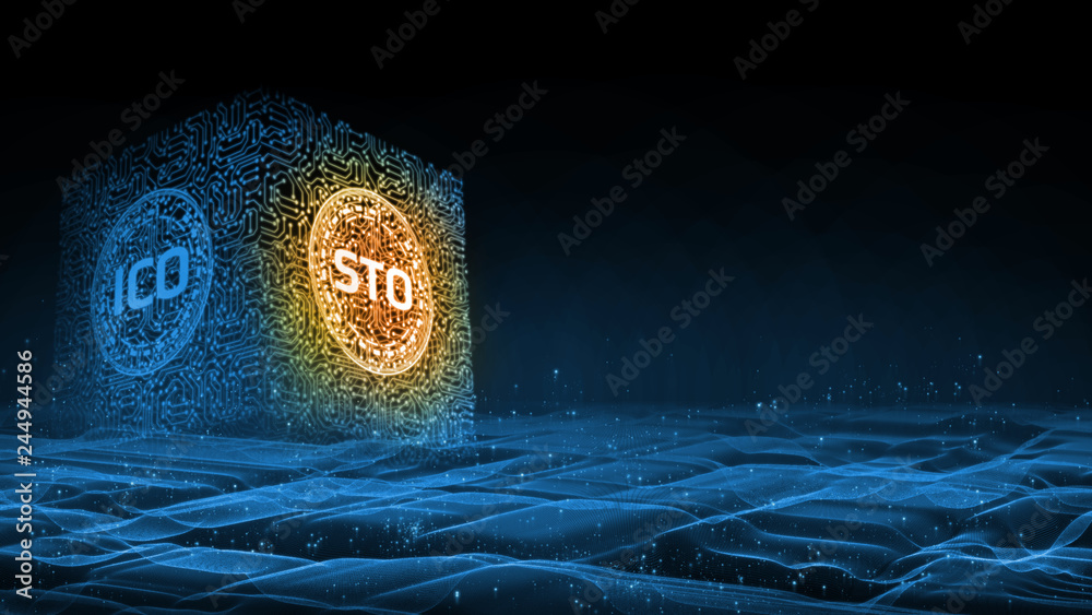Poster 3d rendering background. security token offering (sto) is replacing initial coin offering (ico) as a