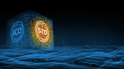 3D Rendering background. Security Token Offering (STO) is replacing Initial Coin Offering (ICO) as a new proposing technology for crypto currency. Glowing led text over computer circuit board. 