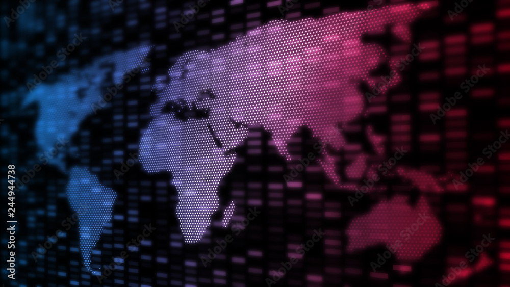 Poster abstract global technology background. world map created from perspective dots and glowing rectangle