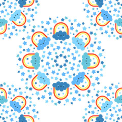 Seamless background with funny clouds. Mandala. Kawaii. Cute cartoon. Vector illustration. Can be used for wallpaper, textile, invitation card, wrapping, web page background.