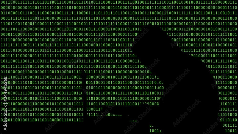 Fototapete Hacker typing on a laptop with 01 or binary numbers on the computer screen on monitor background matrix, Digital data code in security technology concept. Human shape abstract illustration