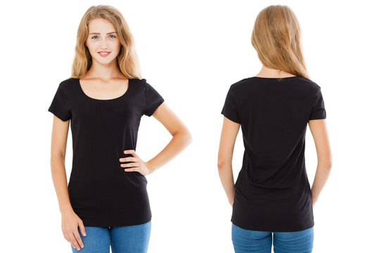 set black t shirt isolated on white, woman in t-shirt,blank
