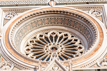 Famous tourist landmark Duomo Basilica Cathedral in Florence, detail closeup view