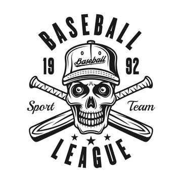Baseball vector emblem with skull and two bats