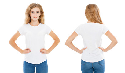 t-shirt design and people concept - set caucasian woman in white tshirt isolated on white background,shirt front and rear