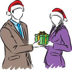 business man and woman with Christmas present vector illustration