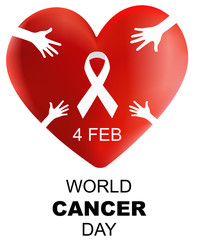 World Cancer Day , 3d heart with hand and ribbon 