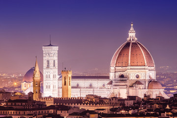 Fototapeta premium Cityscape skyline view at the Florence city during evening blue hour with magnificent Duomo cathedral