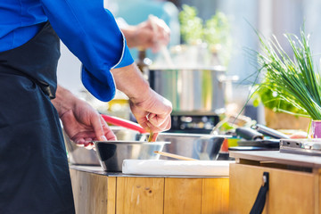 Chefs at work in a restaurant kitchen making delicious food