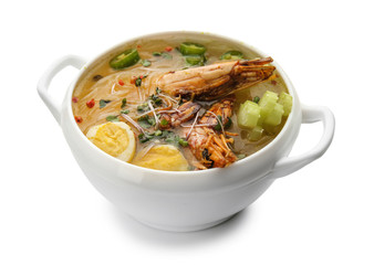 Tasty Chinese soup in pot on white background