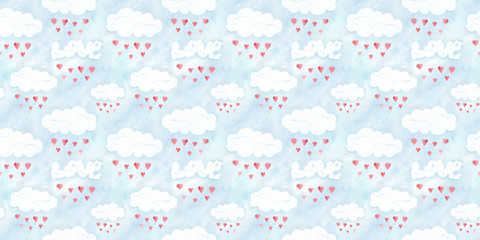 Saint Valentines day seamless pattern, love clouds. Romantic illustration with sky and hearts, hand drawn holiday card decoration, romantic background