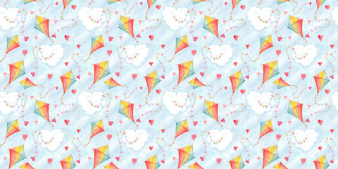 Valentines day seamless pattern with watercolor kites and hearts. Hand drawn illustration, love holiday wallpaper design