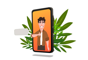Young man character on smartphone screen puts thumb up feedback in service application. Customer feedback online review site landing page. Customer centricity reputation management concept vector