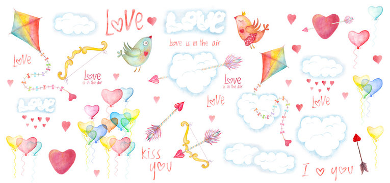 Saint Valentines day card, childish design. Romantic illustration with love birds, hearts and arrows, clouds and kites. Watercolor hand drawn holiday decoration