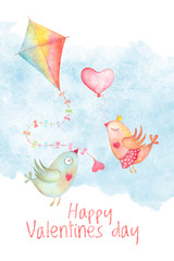 Happy Valentines day card cover with watercolor kite and kissing love birds. Hand drawn romantic illustration