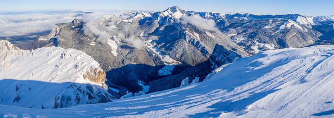 Panoramic view of the Chartreuse mountains covered in snow with the Mont Blanc behind